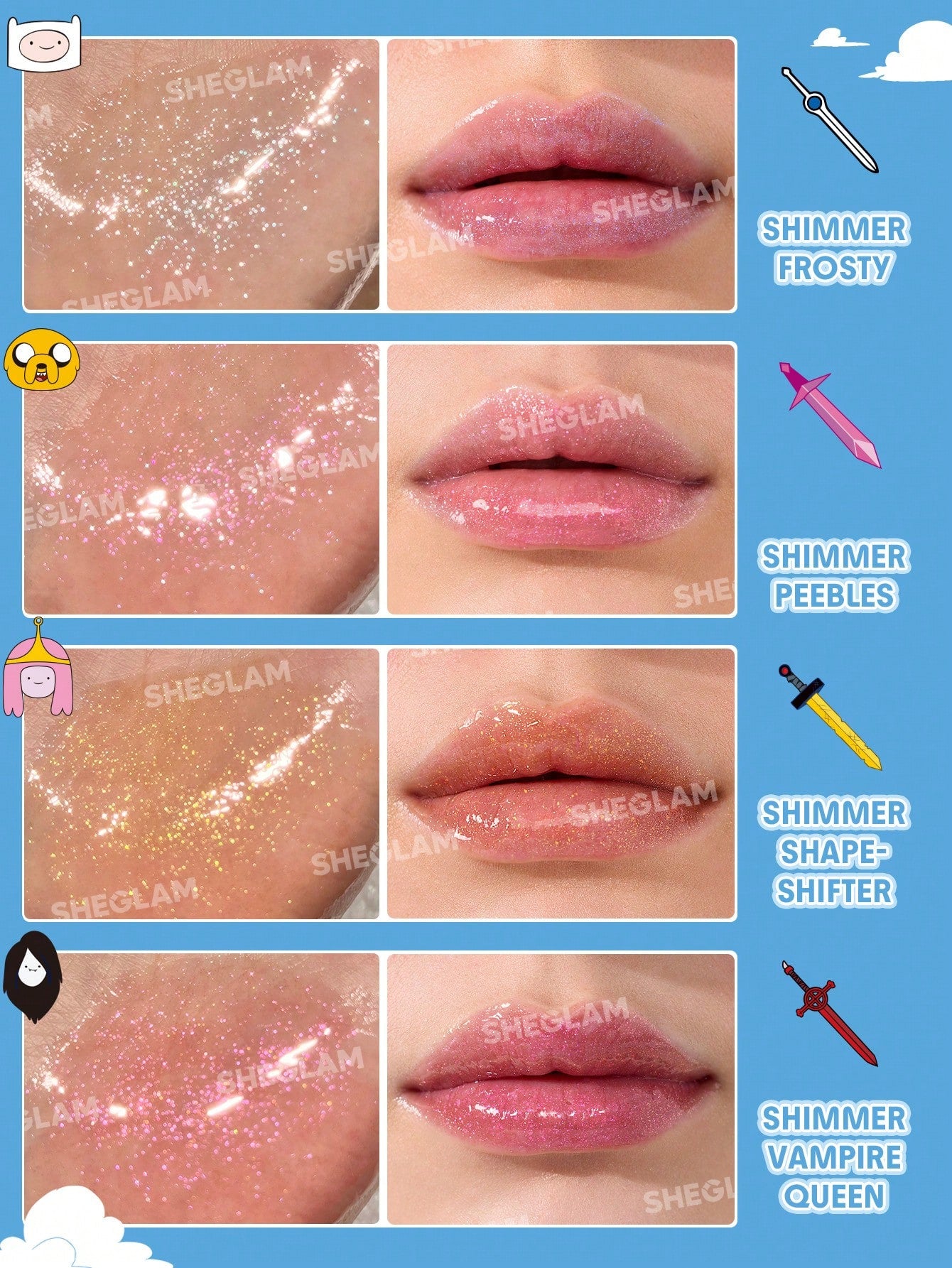 Labial Gloss Ultra Glitter Hora de aventura SHEGLAM Shimmery Lip Gloss-Frosty