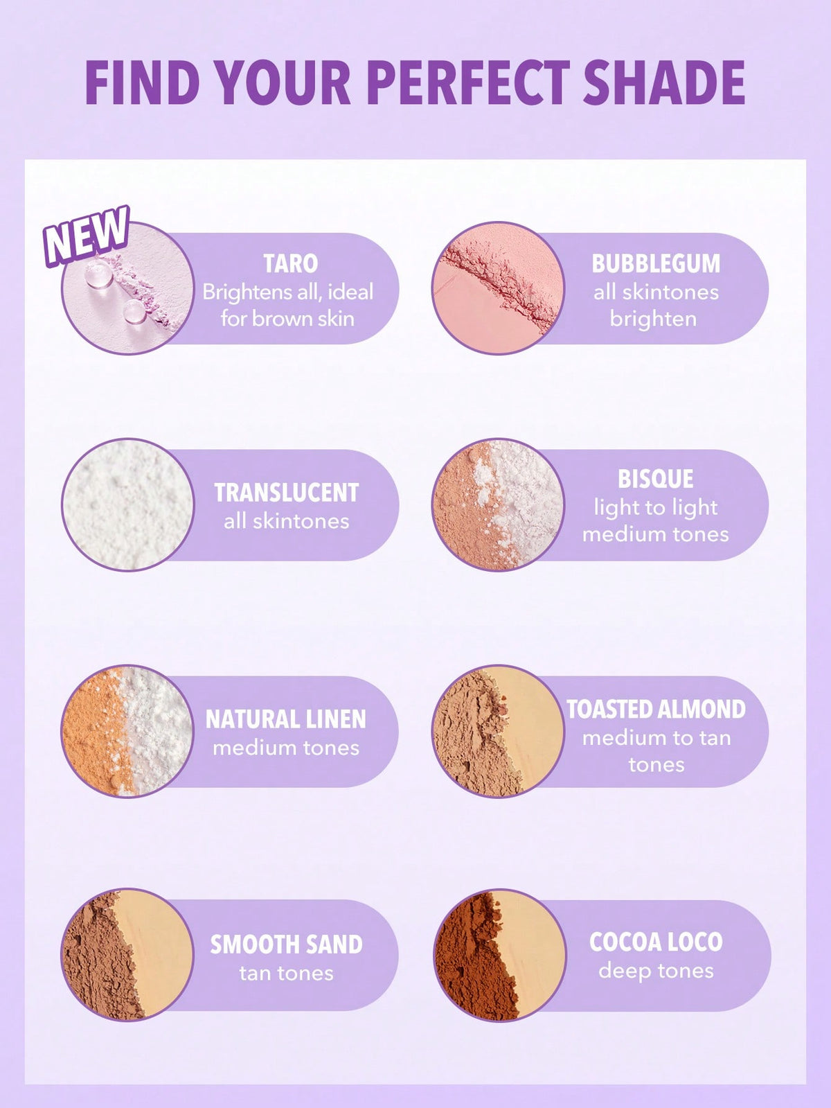 POLVO TRANSLUCIDO SHE GLAM polvo suelto y polvo compacto de varios tonos