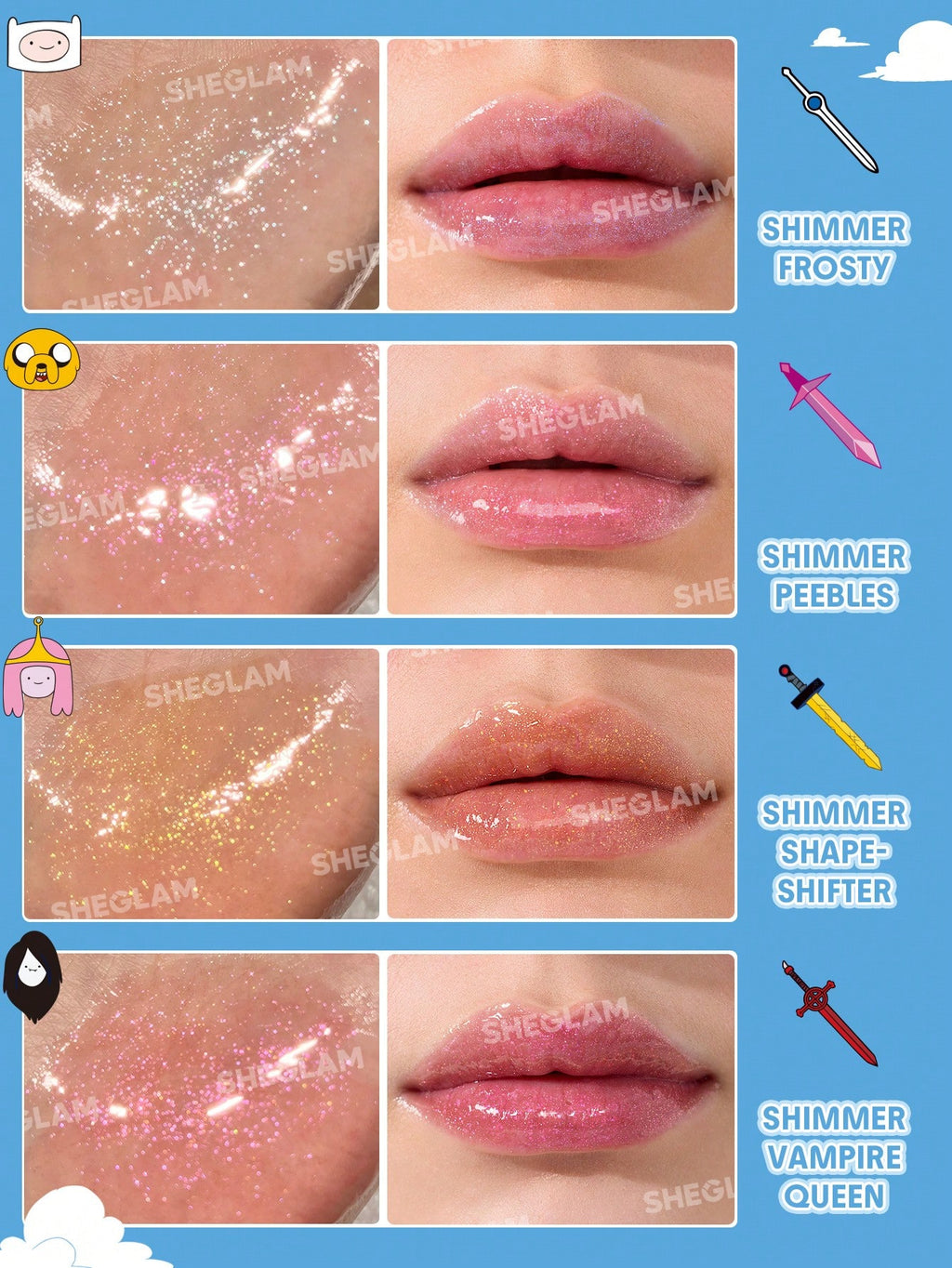 Labial Gloss Ultra Glitter Hora de aventura SHEGLAM Shimmery Lip Gloss-Frosty