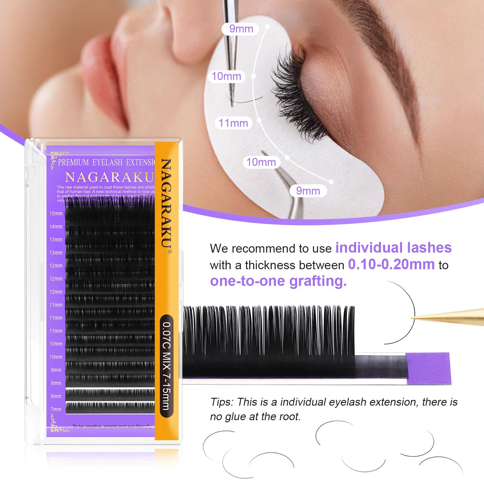 Blister  de extensiones de pestañas Nagaraku tecnica clasica 0.15 para aplicacion pestañas mink